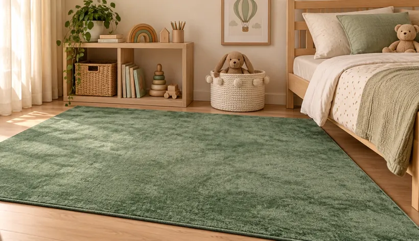 Quarto infantil com tapete verde e brinquedos