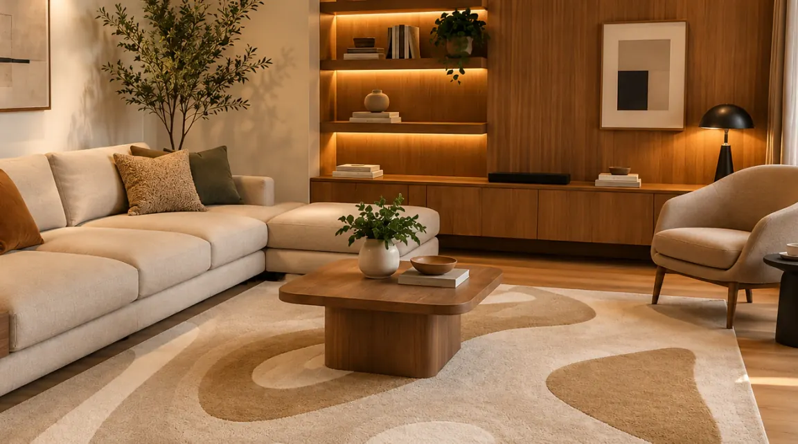 Sala de estar com tapete orgânico bege e sofá claro